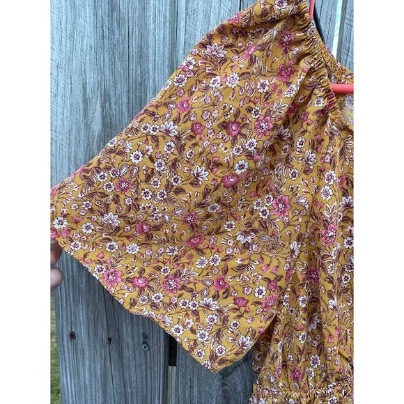 Liberty Love Mustard Yellow Floral Smocked Ruffle Crop Top Small Boho Keyhole - Picture 3 of 6